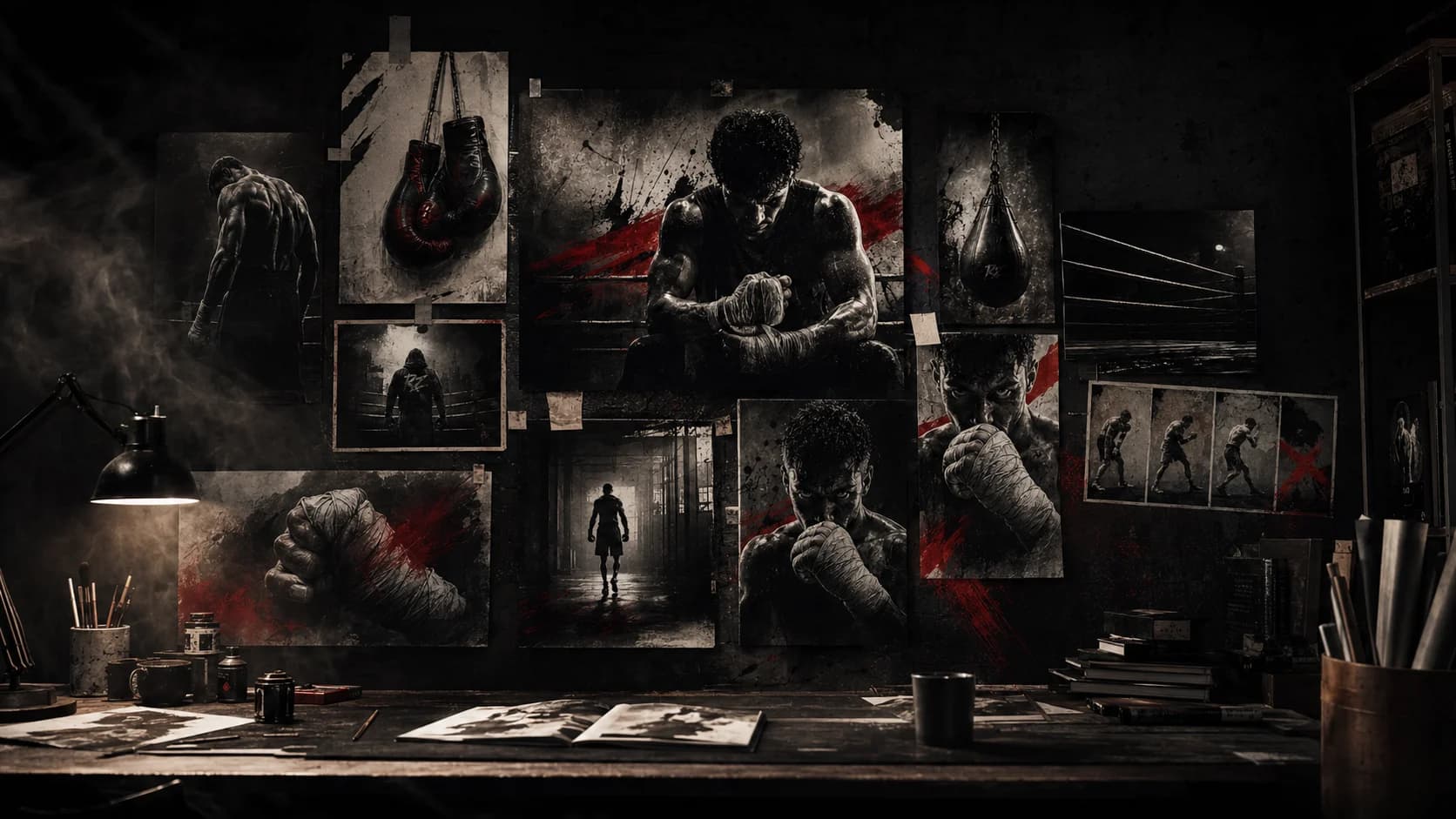 Dark boxing art studio wall filled with fight-inspired artwork