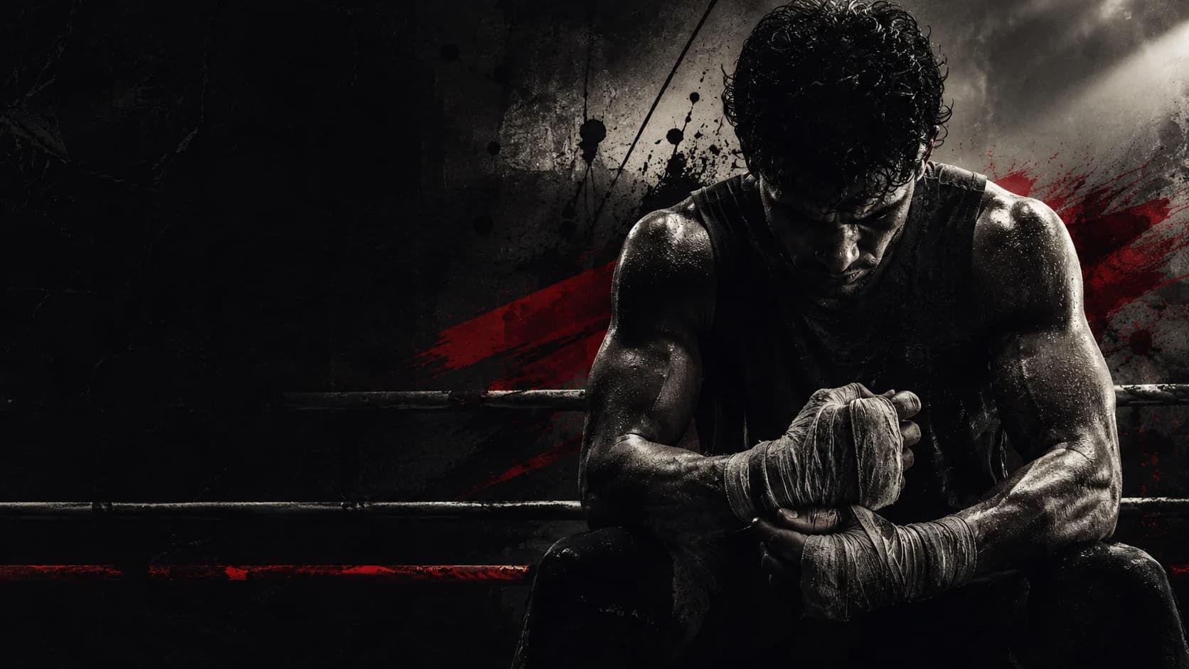 Boxer preparing in a dark ring before a fight